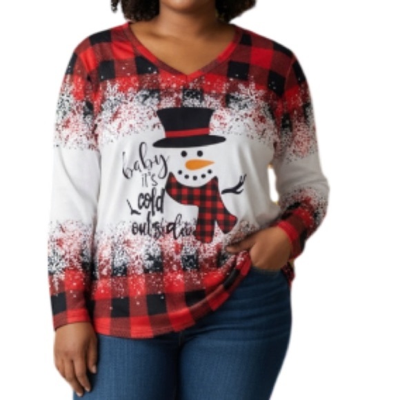 Amazon Snowman Graphic Baby It’s Cold Outside Top Red Black Buffalo Check 3X - Picture 1 of 12